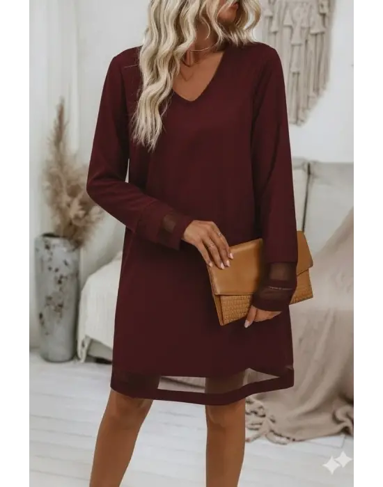 Kadın Uzun Kollu V Yakalı Tül şerit Detaylı Mini Krep Elbise