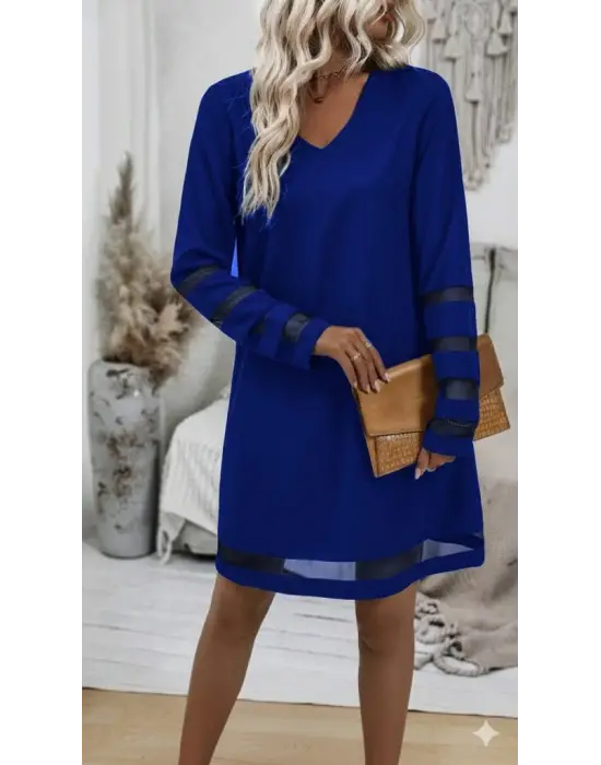 Kadın Uzun Kollu V Yakalı Tül şerit Detaylı Mini Krep Elbise