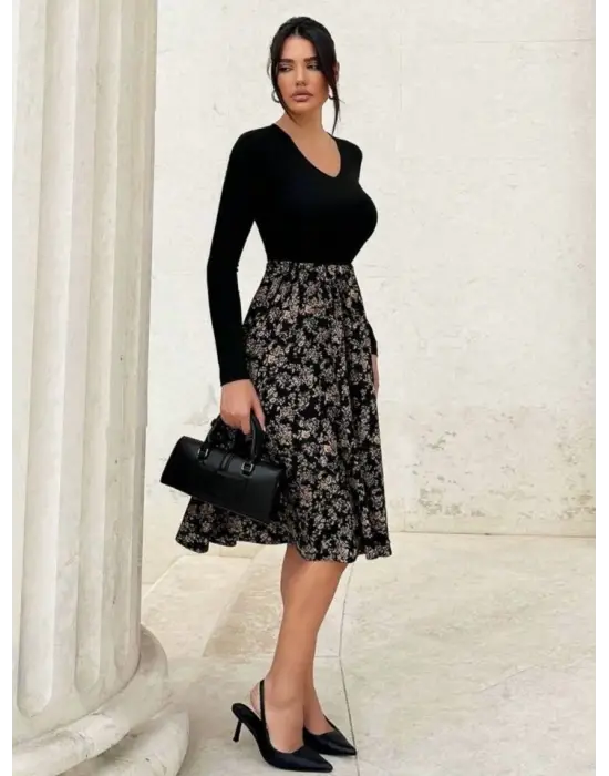 Kadın Uzun Kollu V Yakalı üst Viskon Alt çiçek Desenli Süprem Kısa Elbise