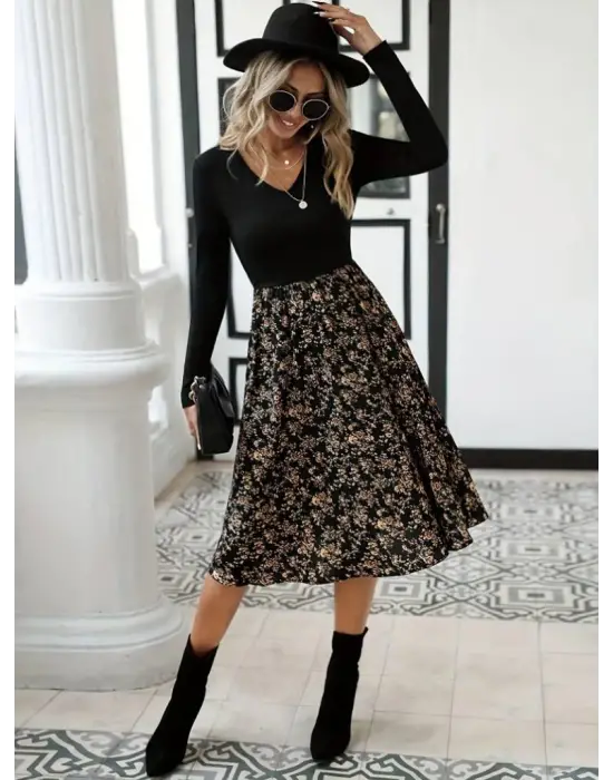 Kadın Uzun Kollu V Yakalı üst Viskon Alt çiçek Desenli Süprem Kısa Elbise