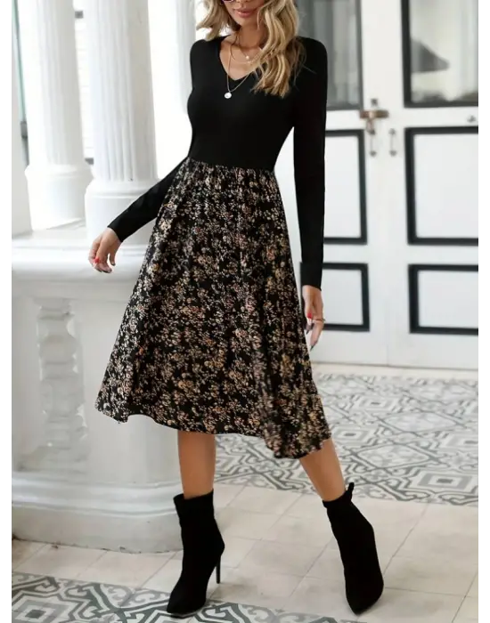 Kadın Uzun Kollu V Yakalı üst Viskon Alt çiçek Desenli Süprem Kısa Elbise