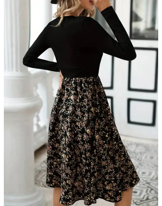 Kadın Uzun Kollu V Yakalı üst Viskon Alt çiçek Desenli Süprem Kısa Elbise