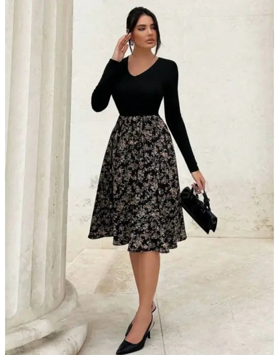 Kadın Uzun Kollu V Yakalı üst Viskon Alt çiçek Desenli Süprem Kısa Elbise