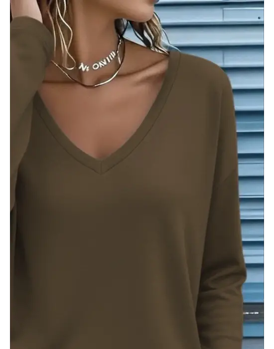 Kadın Uzun Kollu V Yakalı Viskon Iki Iplik Bluz