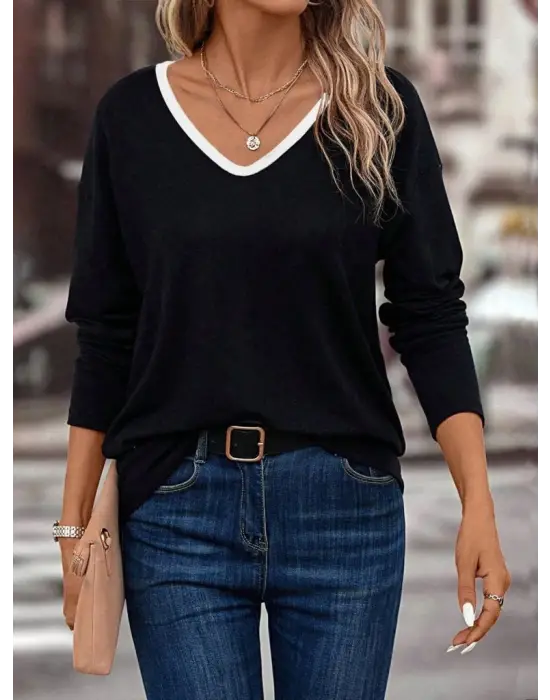 Kadın Uzun Kollu V Yakalı Viskon Iki Iplik Bluz