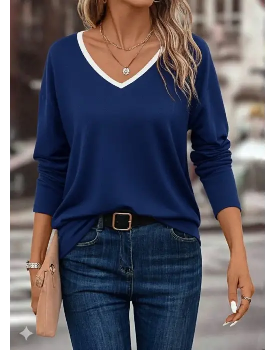 Kadın Uzun Kollu V Yakalı Viskon Iki Iplik Bluz