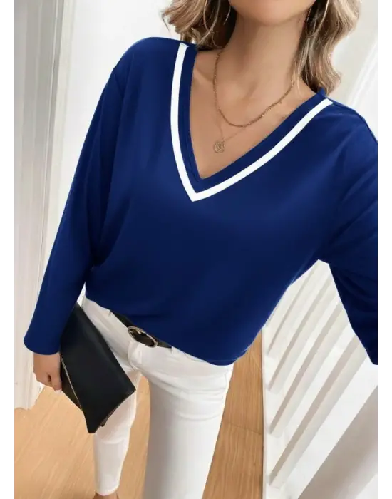 Kadın Uzun Kollu V Yakalı Viskon Iki Iplik Bluz