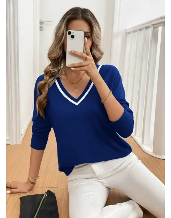 Kadın Uzun Kollu V Yakalı Viskon Iki Iplik Bluz