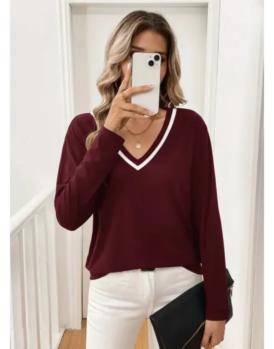 Kadın Uzun Kollu V Yakalı Viskon Iki Iplik Bluz