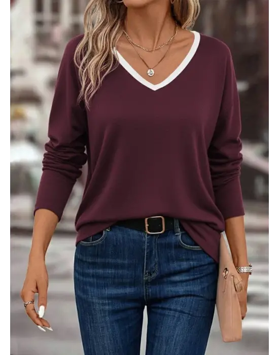 Kadın Uzun Kollu V Yakalı Viskon Iki Iplik Bluz