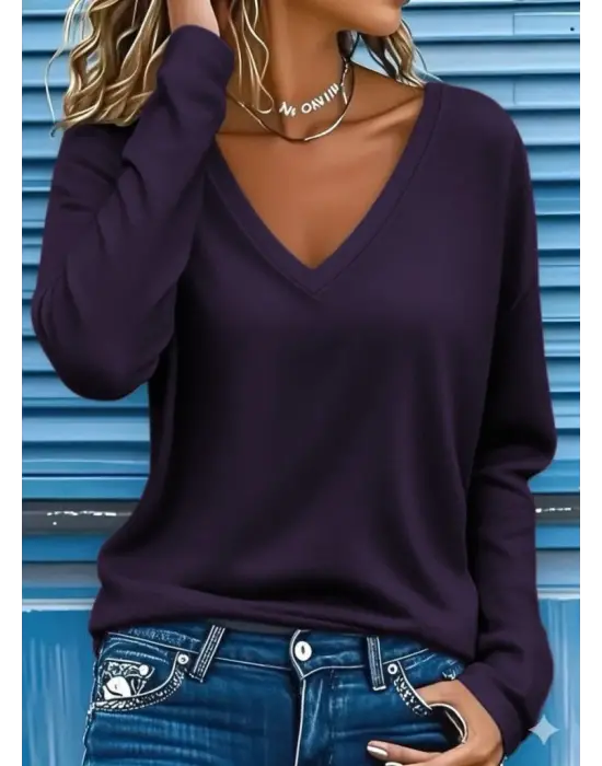 Kadın Uzun Kollu V Yakalı Viskon Iki Iplik Bluz