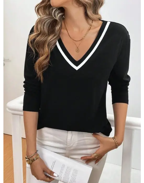 Kadın Uzun Kollu V Yakalı Viskon Iki Iplik Bluz