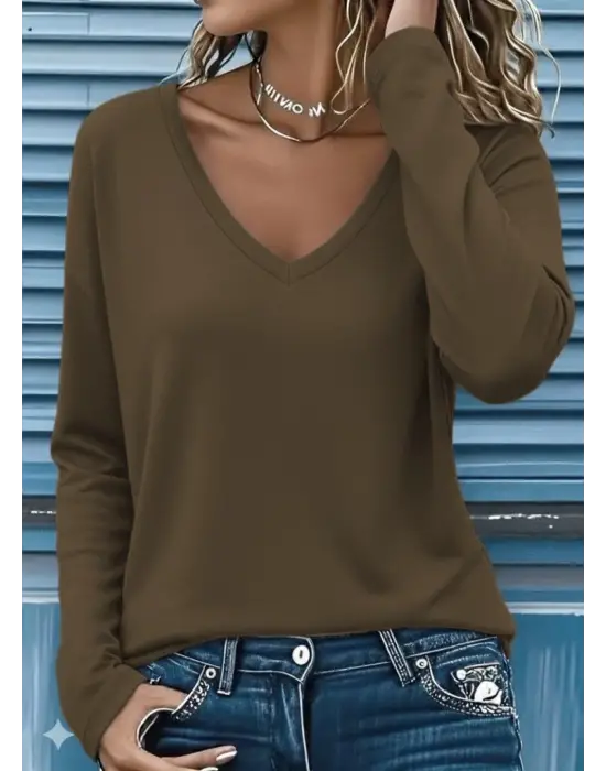 Kadın Uzun Kollu V Yakalı Viskon Iki Iplik Bluz