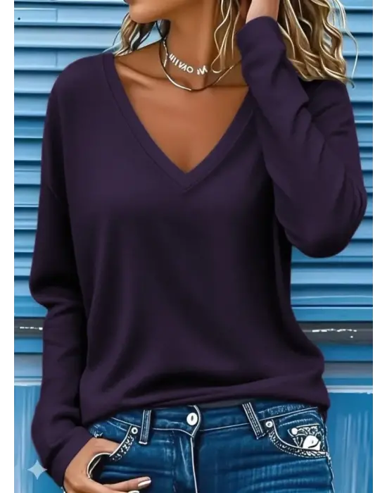 Kadın Uzun Kollu V Yakalı Viskon Iki Iplik Bluz