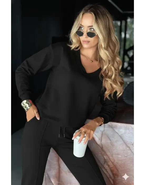 Kadın Uzun Kollu V Yakalı Viskon Iki Iplik Bluz Ve Pantolon Ikili Takım