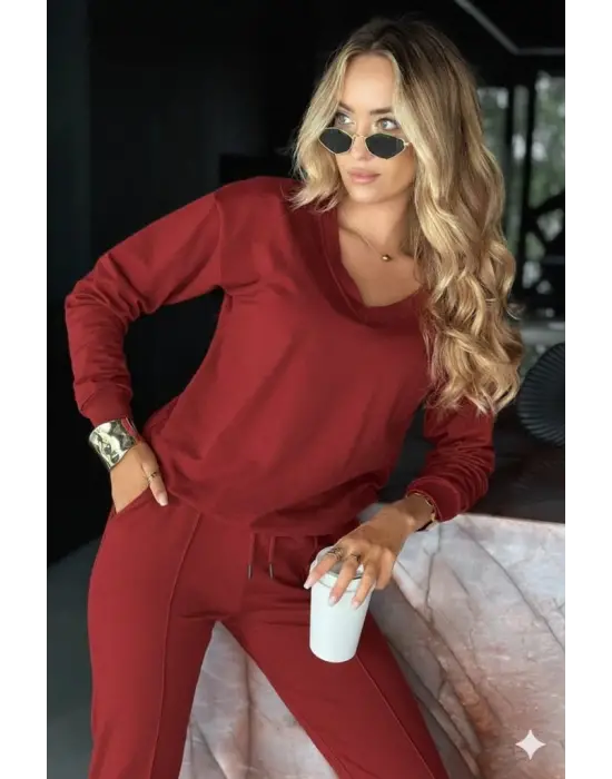 Kadın Uzun Kollu V Yakalı Viskon Iki Iplik Bluz Ve Pantolon Ikili Takım