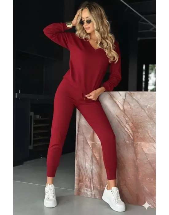 Kadın Uzun Kollu V Yakalı Viskon Iki Iplik Bluz Ve Pantolon Ikili Takım