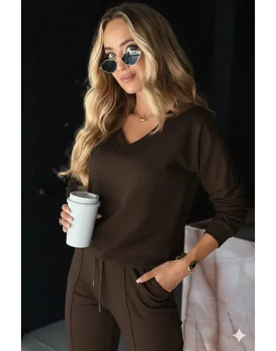 Kadın Uzun Kollu V Yakalı Viskon Iki Iplik Bluz Ve Pantolon Ikili Takım