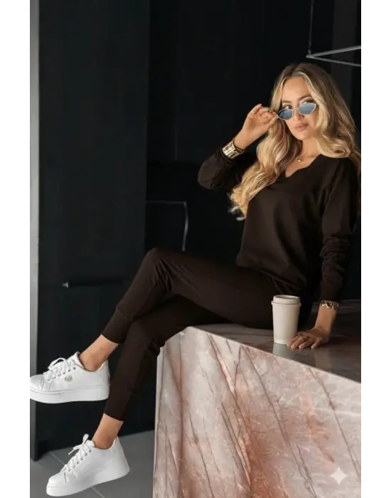 Kadın Uzun Kollu V Yakalı Viskon Iki Iplik Bluz Ve Pantolon Ikili Takım