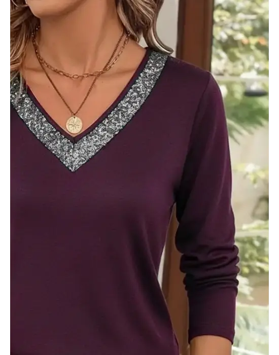 Kadın Uzun Kollu V Yakalı Viskon Mürdüm Bluz