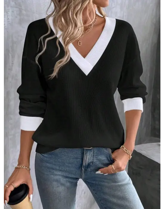 Kadın Uzun Kollu V Yakalı Waffle Bluz