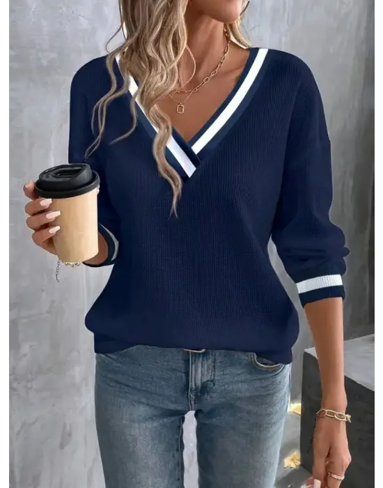 Kadın Uzun Kollu V Yakalı Waffle Bluz