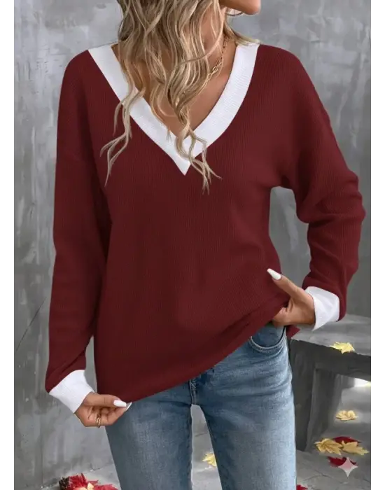 Kadın Uzun Kollu V Yakalı Waffle Bluz