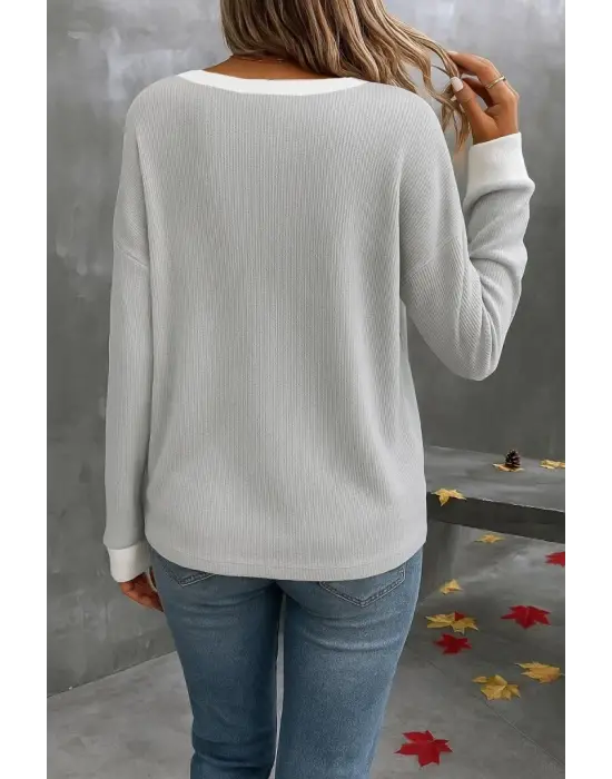 Kadın Uzun Kollu V Yakalı Waffle Bluz