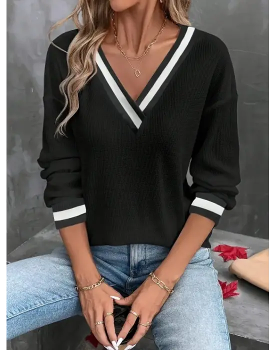 Kadın Uzun Kollu V Yakalı Waffle Bluz
