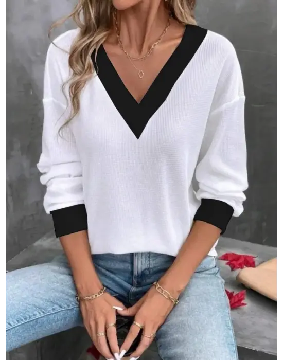 Kadın Uzun Kollu V Yakalı Waffle Bluz