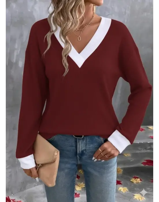 Kadın Uzun Kollu V Yakalı Waffle Bluz