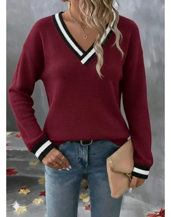 Kadın Uzun Kollu V Yakalı Waffle Bluz