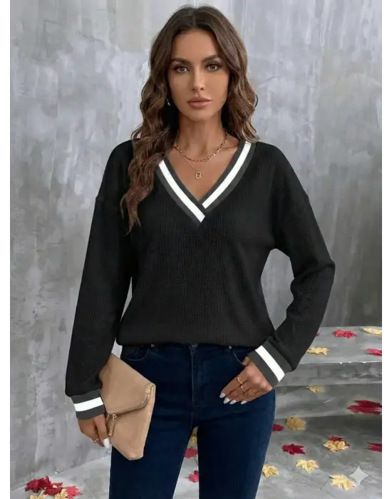 Kadın Uzun Kollu V Yakalı Waffle Bluz