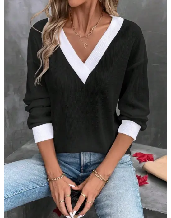 Kadın Uzun Kollu V Yakalı Waffle Bluz