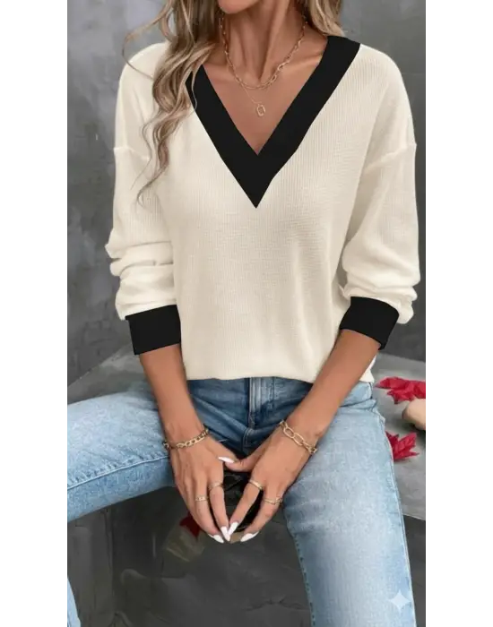 Kadın Uzun Kollu V Yakalı Waffle Bluz