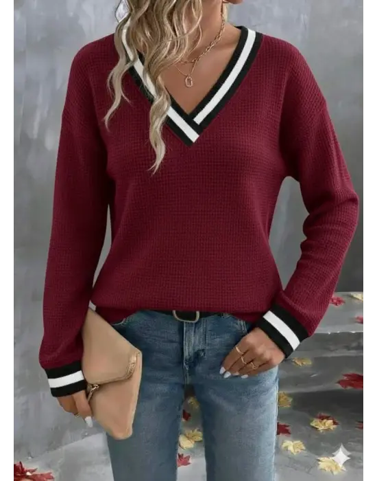 Kadın Uzun Kollu V Yakalı Waffle Bluz