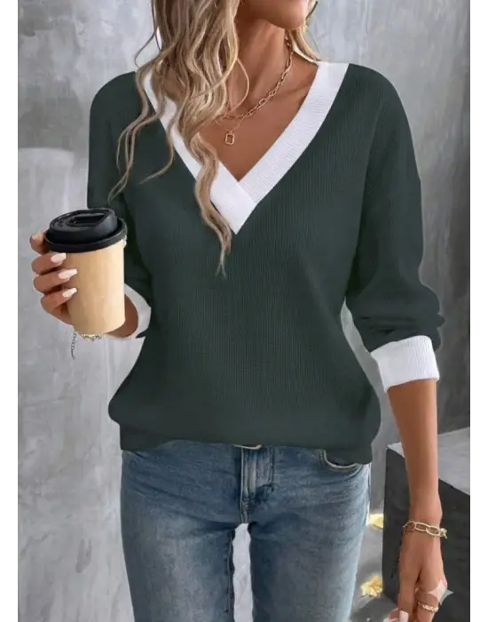 Kadın Uzun Kollu V Yakalı Waffle Bluz