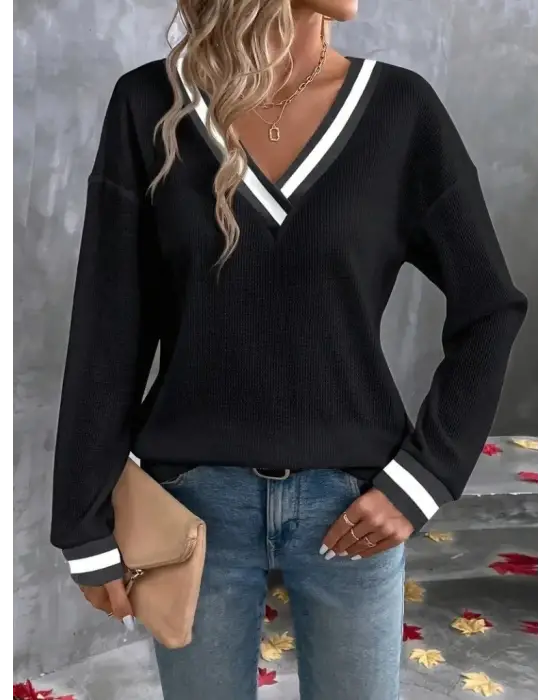 Kadın Uzun Kollu V Yakalı Waffle Bluz