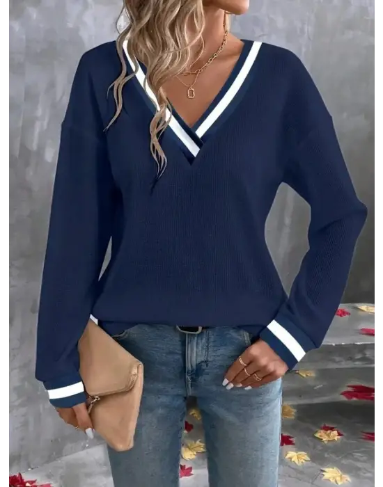 Kadın Uzun Kollu V Yakalı Waffle Bluz