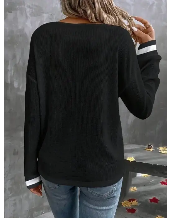 Kadın Uzun Kollu V Yakalı Waffle Bluz