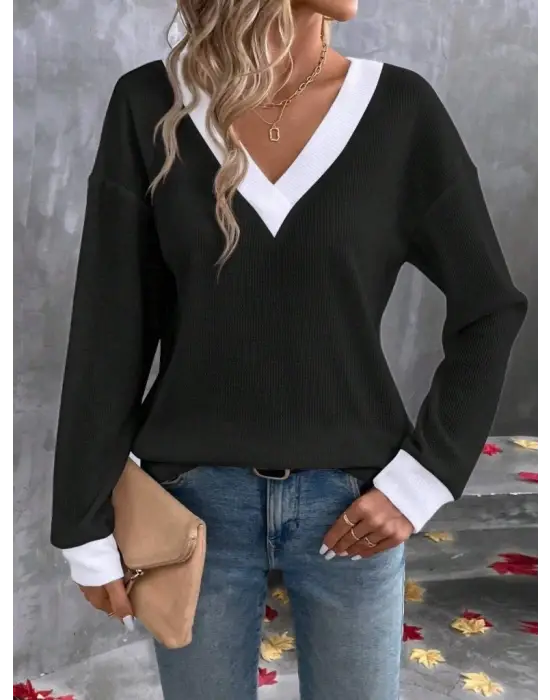 Kadın Uzun Kollu V Yakalı Waffle Bluz