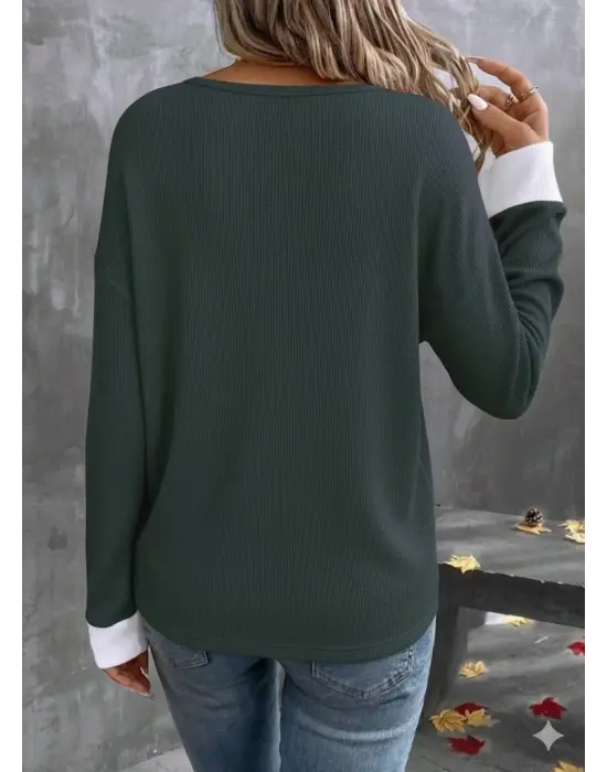 Kadın Uzun Kollu V Yakalı Waffle Bluz