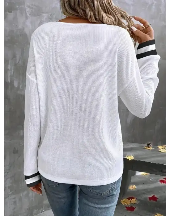 Kadın Uzun Kollu V Yakalı Waffle Bluz