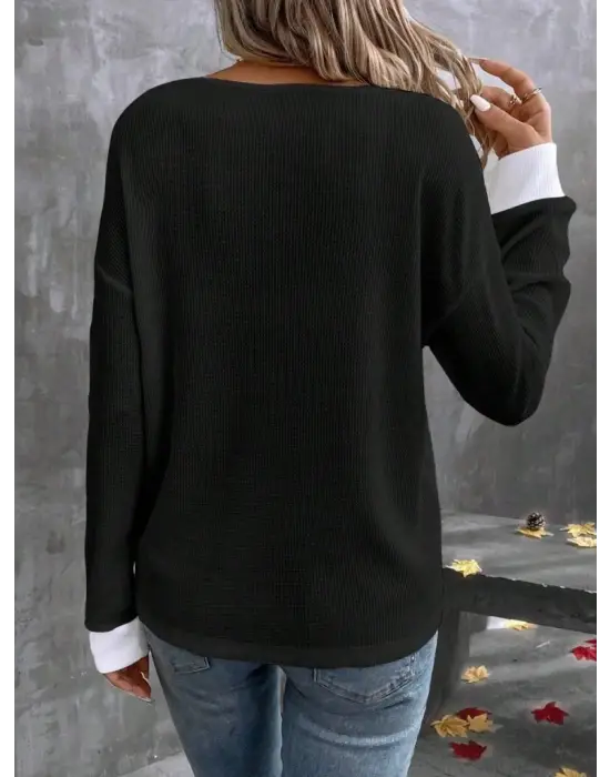 Kadın Uzun Kollu V Yakalı Waffle Bluz