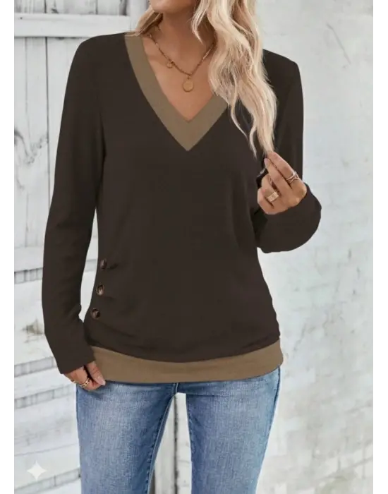 Kadın Uzun Kollu V Yakalı Yandan Düğmeli Yün Viskon Bluz
