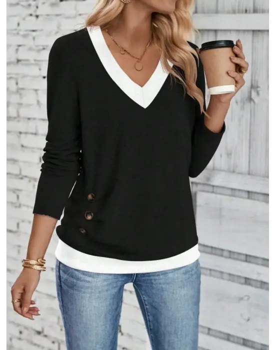 Kadın Uzun Kollu V Yakalı Yandan Düğmeli Yün Viskon Bluz