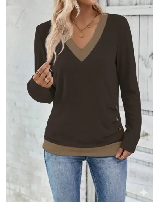 Kadın Uzun Kollu V Yakalı Yandan Düğmeli Yün Viskon Bluz