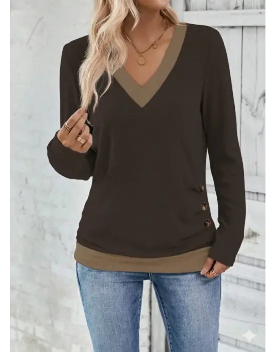 Kadın Uzun Kollu V Yakalı Yandan Düğmeli Yün Viskon Bluz
