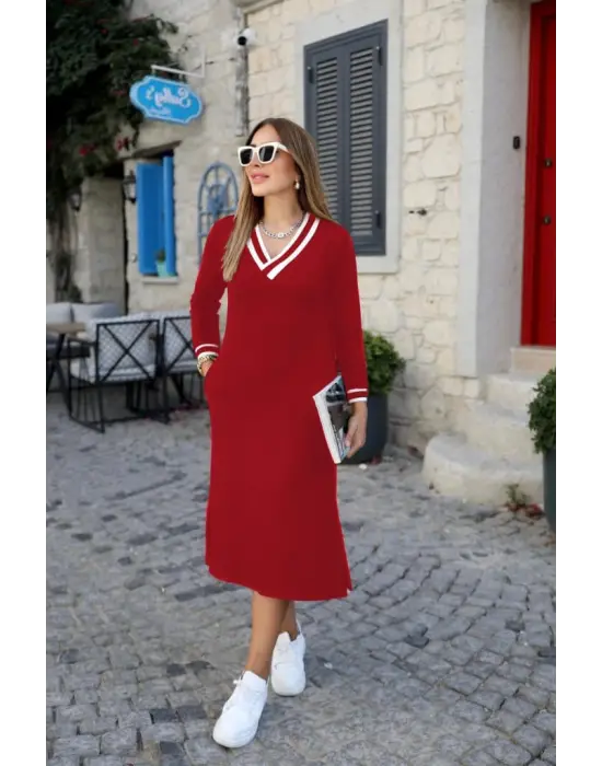Kadın Uzun Kollu V Yakalı Yandan Yırtmaçlı Iki Iplik Midi Elbise