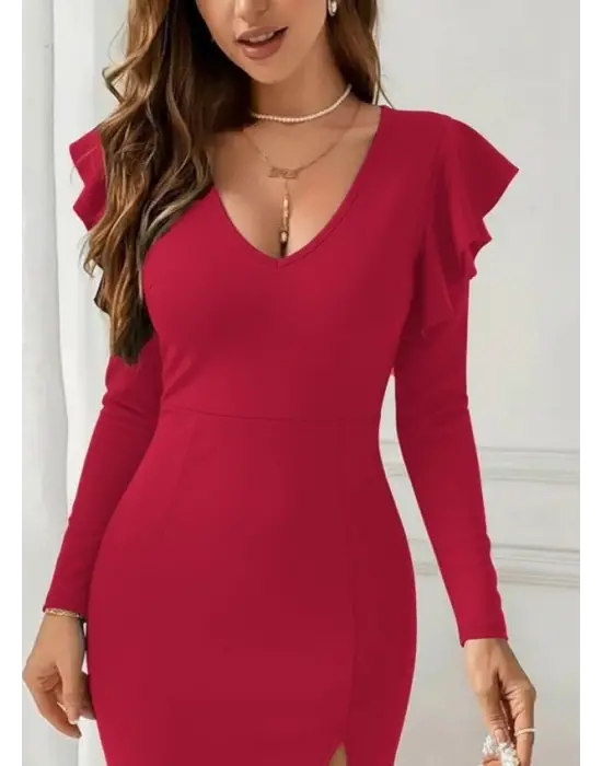 Kadın Uzun Kollu V Yakalı Yandan Yırtmaçlı Midi Ithal Krep Elbise